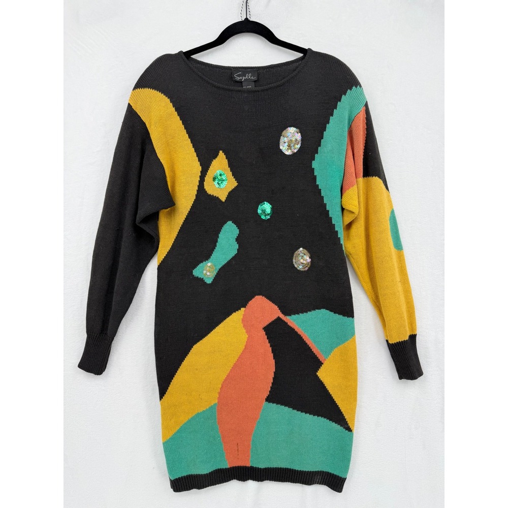 Suzelle Vintage 80s Abstract Geometric Sequin Sweater Dress Black Retro Costume